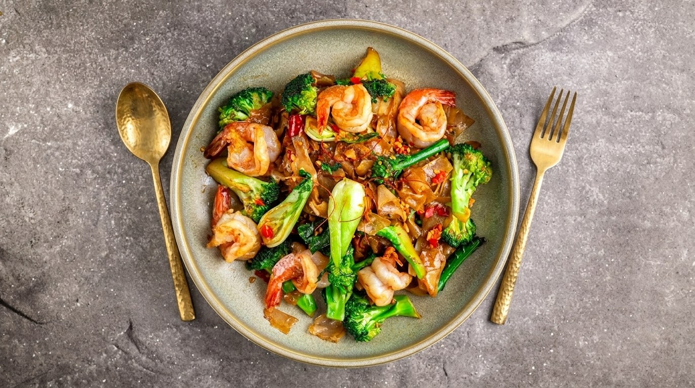 Khong Thai Kitchen signature Seafood Pad See Ew flatlay with brass cutlery
