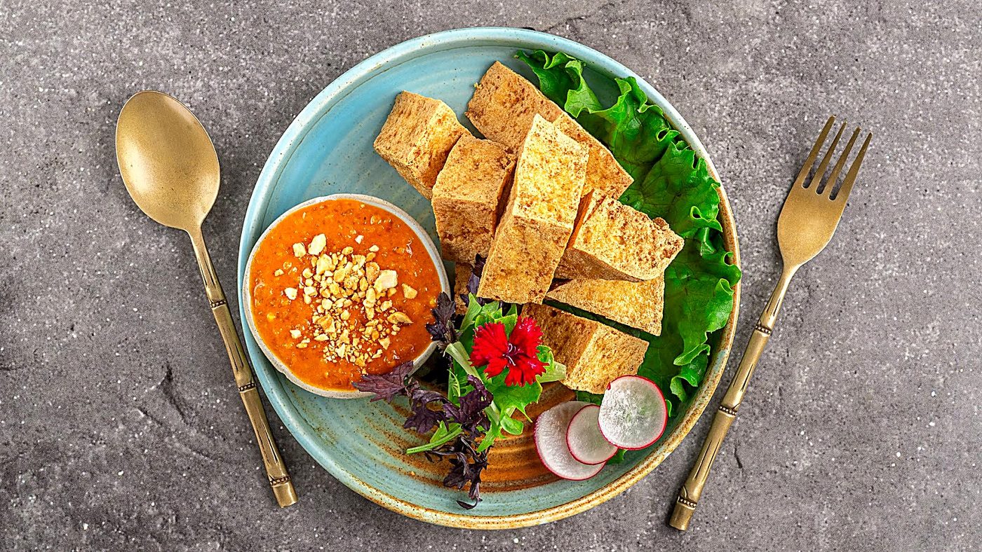 Crispy Golden Tofu with Crushed Peanut Dip